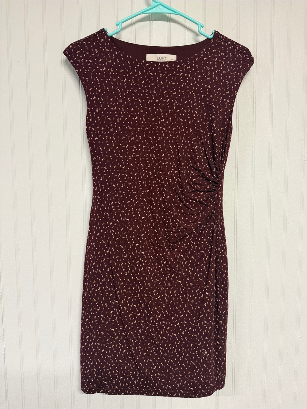 LOFT XSP Burgundy Printed Cap-Sleeve Midi Dress with Side Ruching